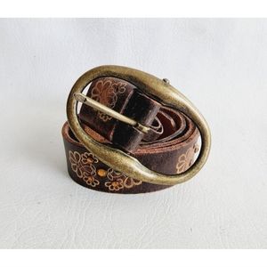 Olga Santini Belt Brown Leather Golf Rivets Embossed Boho Western Small